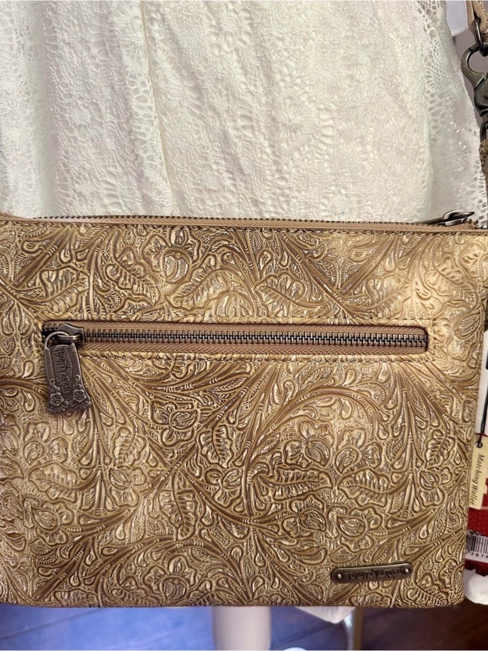 Trinity Ranch Western Boho Embossed Crossbody Bag in Tan with Tri Colored Studs - Picture 3 of 12